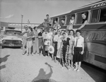 TRIP, Associates leaving for Colorado left - right windows Carl Mickey, Mrs. Weslie Mickey, Mrs. Harvey Staley, Louise Anderson, and Mrs. Ed Thompson left - right standing Donna Lee Rankin, Ed Thompson, Weslie Mickey, Gary Staley, Harvey Staley, Lottie Be