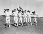 Texas Christian University (TCU) football players posed. Rode Gonzales, Jack Sledge, John Bonnet, Hunter Enis, Larry Dawson and Donald George by Al Panzera