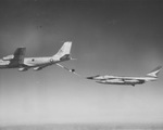 B-58 Hustler approaching a KC-135 tanker in flight to complete the first aerial refueling of a B-58