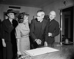 Mrs. Denning Schattman, Bishop Fulton J. Sheen and Bishop Gorman