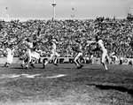 Baylor-Texas Tech football action. Garry Moore, 86, Baylor intercepting pass intended for Bobby Stafford, 84, with Bill McMillen in on play by George Smith