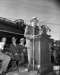 Dedication ceremonies for "Will Rogers" retired steam locomotive to be permanently displayed on Southwestern Exposition & Fat Stock Show Grounds