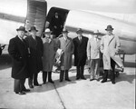 Left to right: Joseph E. Pogue, Edward L. Love, F. J. Adams, Winthrop W. Aldrich, R. C. Irvine, H. J. Mosser, R. H. Mansfield