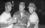 Texas Rangers pitcher Dick Bosman, manager Ted Williams, and catcher Rich Billings, opening game in Arlington, Texas by Al Panzera