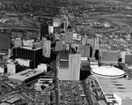 Aerial of downtown Fort Worth looking north; Tarrant County Convention Center at lower left