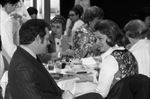CBS News Pentagon correspondent Bob Schieffer, guest interrogator at 1973 Celebrity Breakfast of Women in Communications, with editor/publisher Patricia Carbine of MS. Magazine; Representative Chris Miller in background by Dale Blackwell