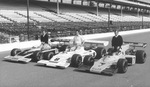Johnny Rutherford, right, Bobby Unser, middle, and Mark Donohue, race car drivers starting front row at Indianpolis 500 race