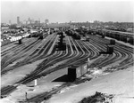 Missouri Pacific Railroad (MoPac) railway yard, looking east toward downtown Fort Worth, Texas