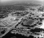 Aerial of Casa Manana, Kimbell Art Museum, and Farrington Field stadium looking northwest