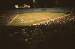 An Arlington Stadium view from seating behind home plate