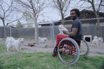 Joe Jackson, who was a semi-pro football player before being paralyzed from gunshots; here he enjoys his dogs. by Bruce Maxwell