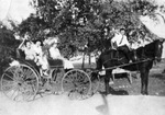 Three people sitting in a buggy and one boy sitting on a horse