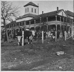 Fort Worth Stockyards Hotel and Exchange building with cattle on the lawn in front