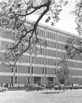 UTA library building with cars parked in front