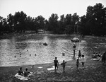 A pool with people swimming and sunbathing by W. D. Smith