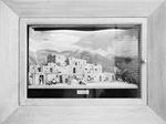 Shadow Box at Santa Fe Ticket Office. Artwork in shadowbox: "The Indian Pueblo of Taos, New Mexico," by Lloyd Giebner by W. D. Smith