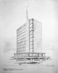 Photograph of a drawing of a proposed office building for National Industries Corporation of Oklahoma City, Oklahoma, by Wyatt C. Hedrick by W. D. Smith and Wyatt C. Hedrick