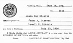 Laura May Steeves--record of birth by W. D. Smith