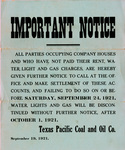 Notice to Thurber, Texas residents to settle their account with the Texas Pacific Coal and Oil Company